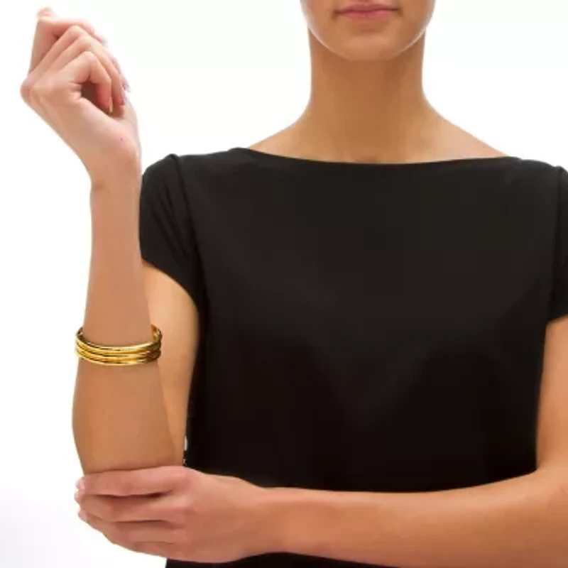 18k Gold-plated Silver 3-Piece Set of Etched and Polished Bangle Bracelets