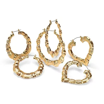3 Pair Bamboo Style Hoop Earrings Set in Yellow Goldtone
