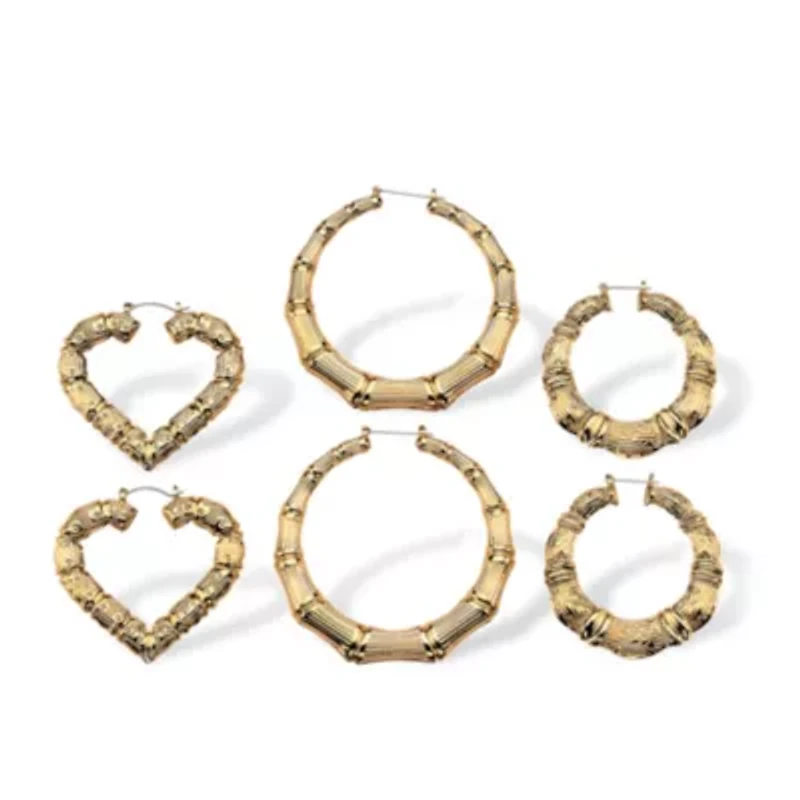 3 Pair Bamboo Style Hoop Earrings Set in Yellow Goldtone