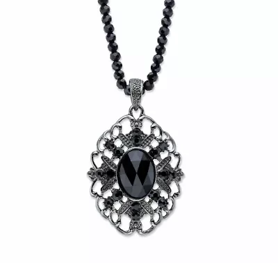 Simulated Black Onyx Black Ruthenium-Plated Beaded Filigree Necklace 15"
