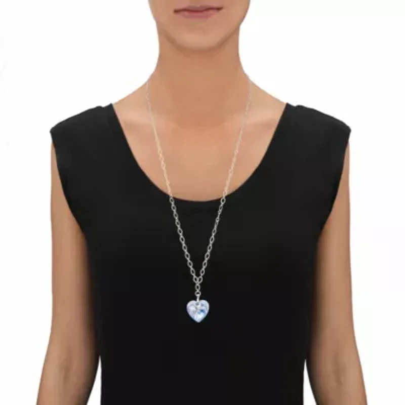 Blue Heart-Shaped Crystal Silvertone Rolo-Link Necklace 16.5"