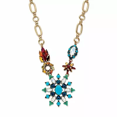 Multi-Color Crystal Goldtone Floral Starburst Link Necklace 18"-20"