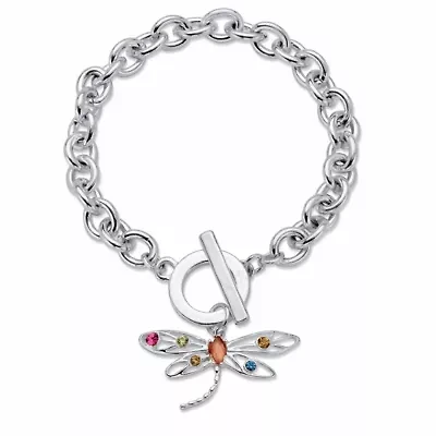 Multi-Color Crystal Silvertone Dragonfly Charm Rolo-Link Toggle Bracelet 8"