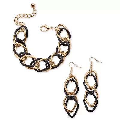 Double Curb-Link Bracelet and Drop Earrings Set in Goldtone and Black Ruthenium