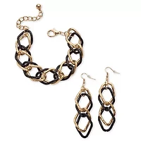 Double Curb-Link Bracelet and Drop Earrings Set in Goldtone and Black Ruthenium