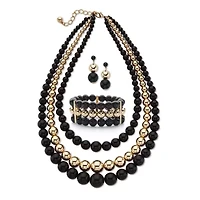 3 PC Black & Goldtone Graduated Beaded Necklace, Earring & Stretch Bracelet Set
