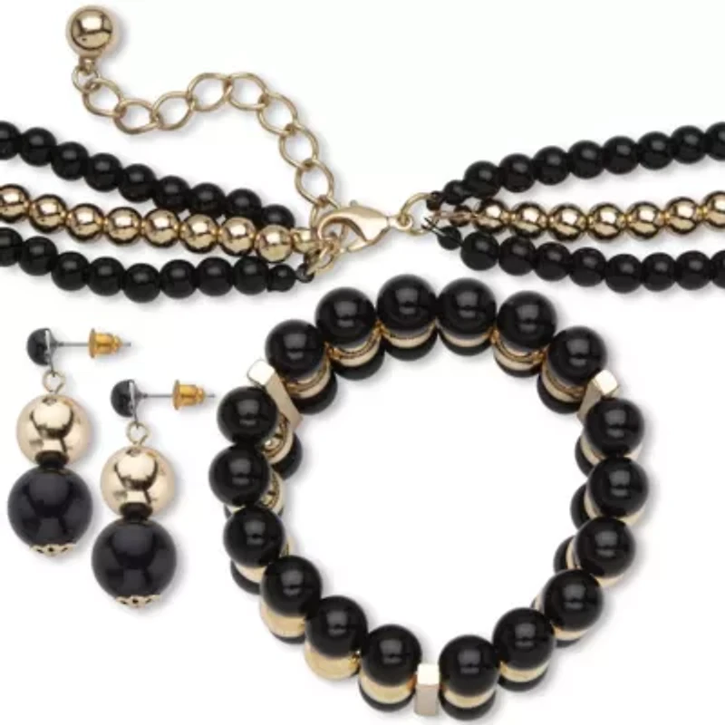 3 PC Black & Goldtone Graduated Beaded Necklace, Earring & Stretch Bracelet Set