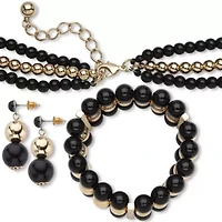 3 PC Black & Goldtone Graduated Beaded Necklace, Earring & Stretch Bracelet Set