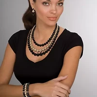 3 PC Black & Goldtone Graduated Beaded Necklace, Earring & Stretch Bracelet Set
