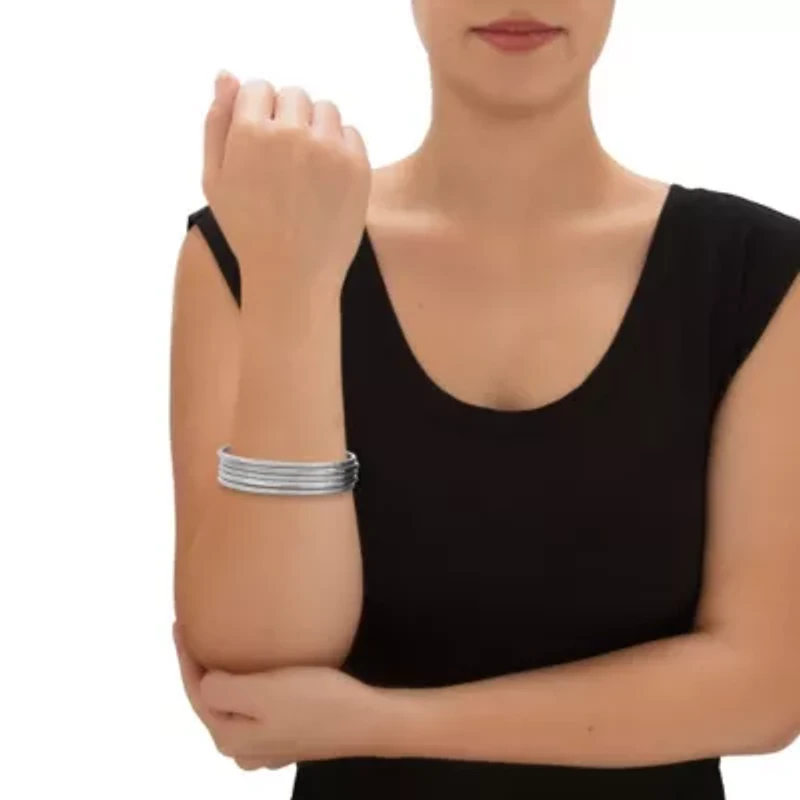 Textured and Polished 5-Piece Bangle Bracelet Set in Silvertone 9"