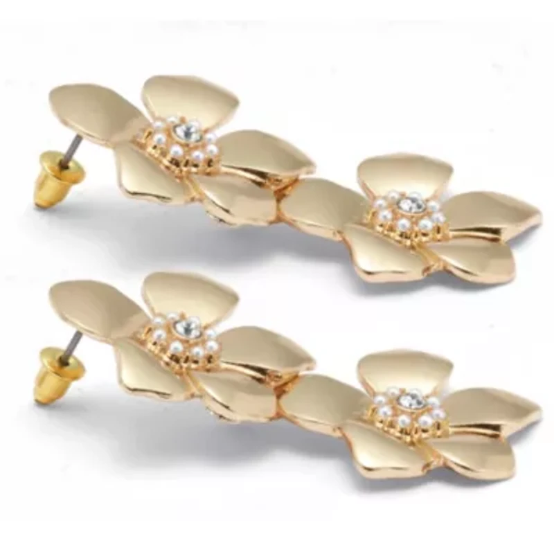 Round Crystal Goldtone Flower Drop Earrings, 50x30mm