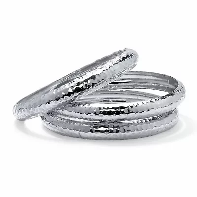 Hammered 3-Piece Bangle Bracelet Set in Silvertone 8.5"