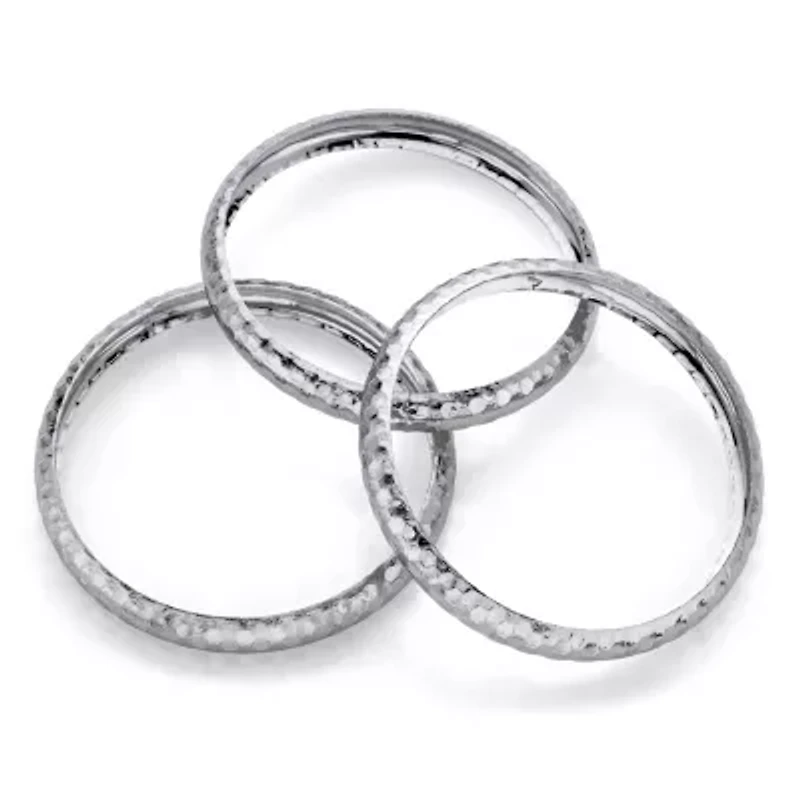 Hammered 3-Piece Bangle Bracelet Set in Silvertone 8.5"