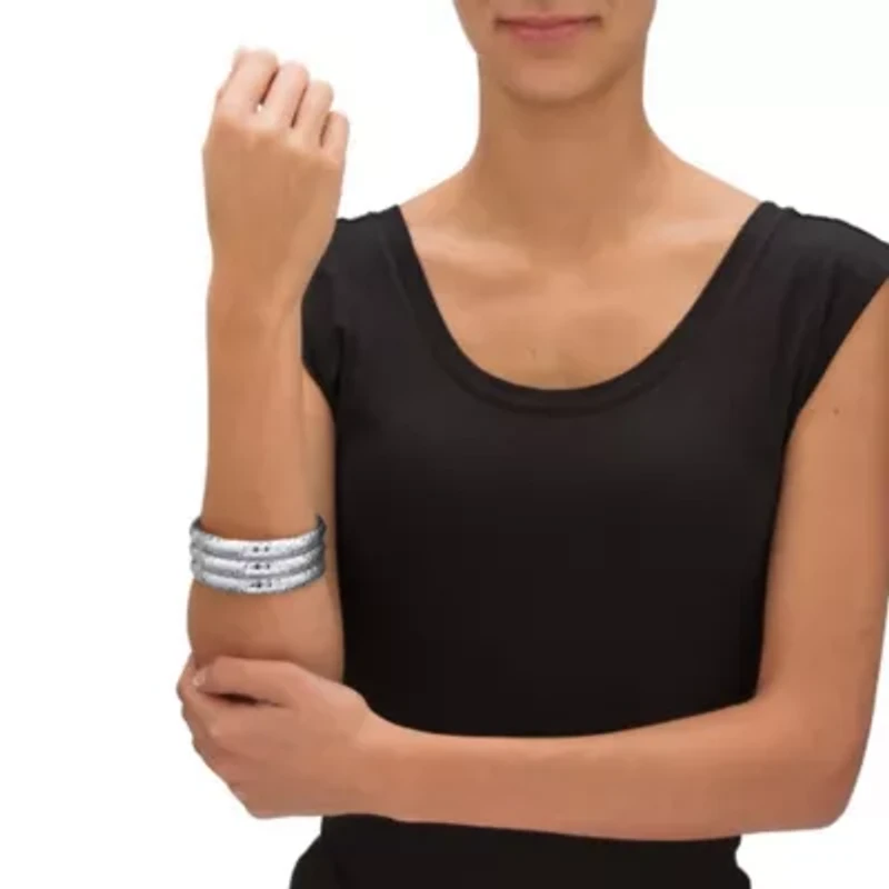 Hammered 3-Piece Bangle Bracelet Set in Silvertone 8.5"
