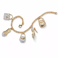 1.54 Cttw. Cubic Zirconia Goldtone Purse and Shoe Fashion Charm Bracelet 7.5"