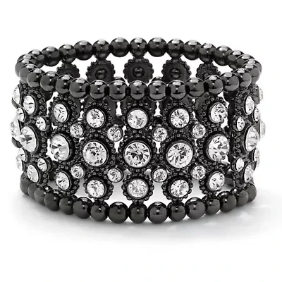 Black Ruthenium Plated Simulated Black Pearl and Crystal Stretch Bracelet