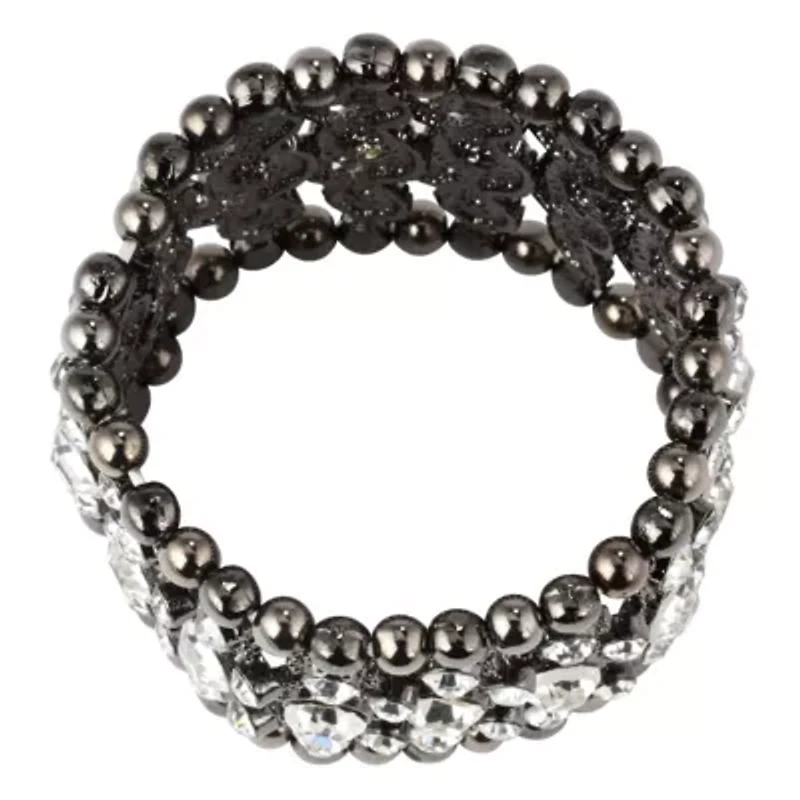 Black Ruthenium Plated Simulated Black Pearl and Crystal Stretch Bracelet