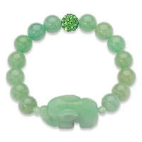 Green Agate Elephant and Simulated Emerald Beaded Stretch Bracelet 8"