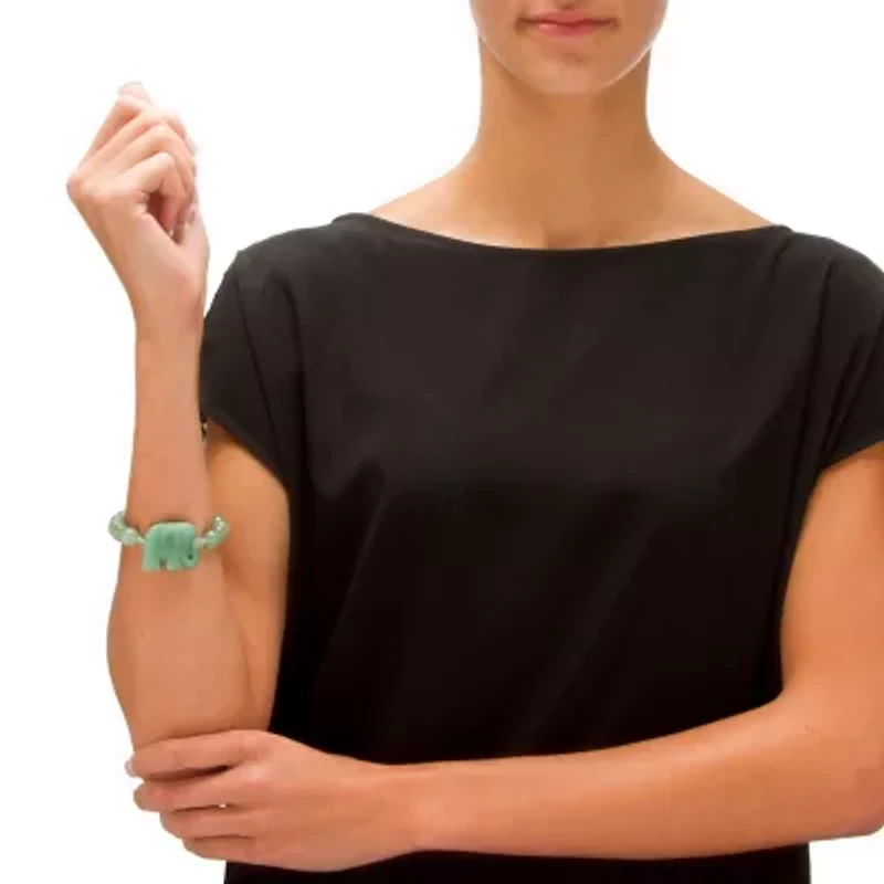 Green Agate Elephant and Simulated Emerald Beaded Stretch Bracelet 8"