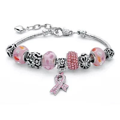 Pink Crystal Bali-Style Breast Cancer Awareness Silvertone Bracelet 8"-10"