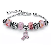 Pink Crystal Bali-Style Breast Cancer Awareness Silvertone Bracelet 8"-10"