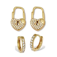 Round Crystal Goldtone Heart Lock and Hoop Earrings, 2-Pair Set