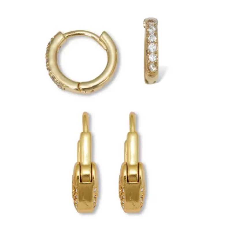 Round Crystal Goldtone Heart Lock and Hoop Earrings, 2-Pair Set