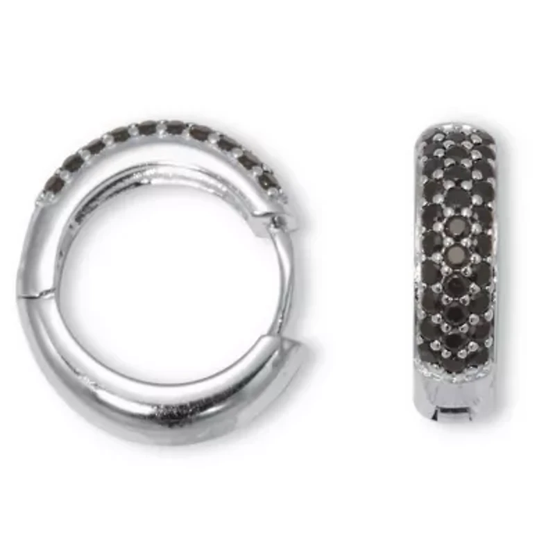 Round Genuine Black Spinel Sterling Silver Huggie Earrings