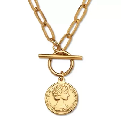 Gold Ion-Plated Stainless Steel Coin Pendant Paperclip Lariat Necklace,19 Inches