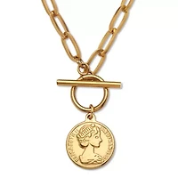 Gold Ion-Plated Stainless Steel Coin Pendant Paperclip Lariat Necklace,19 Inches