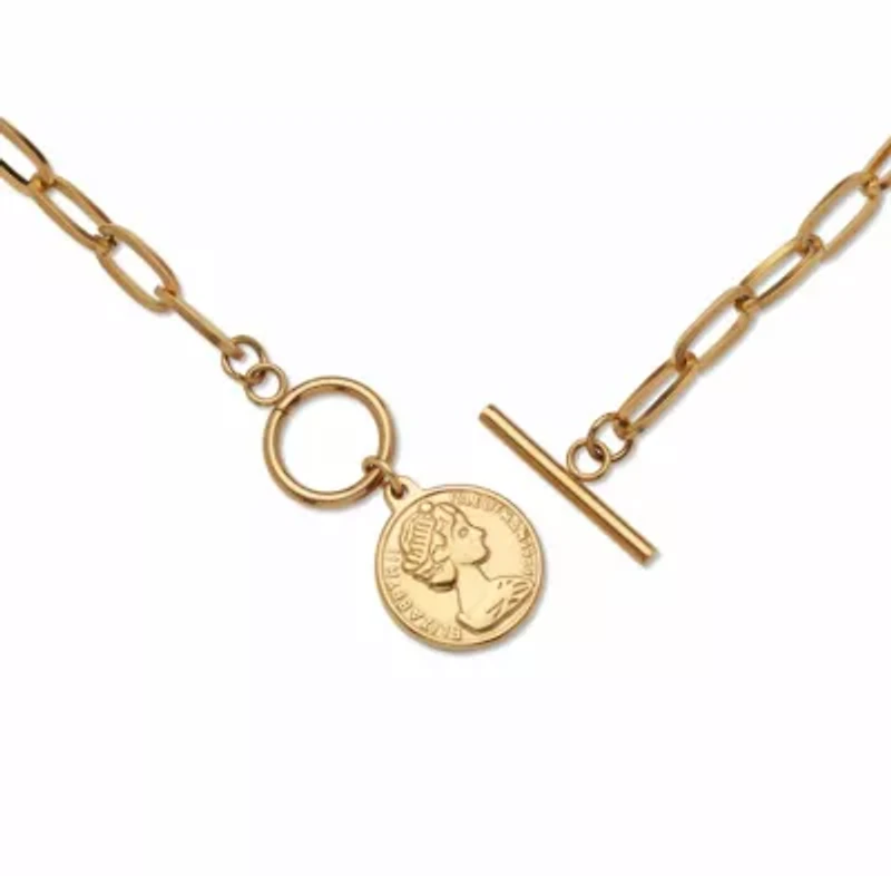 Gold Ion-Plated Stainless Steel Coin Pendant Paperclip Lariat Necklace,19 Inches