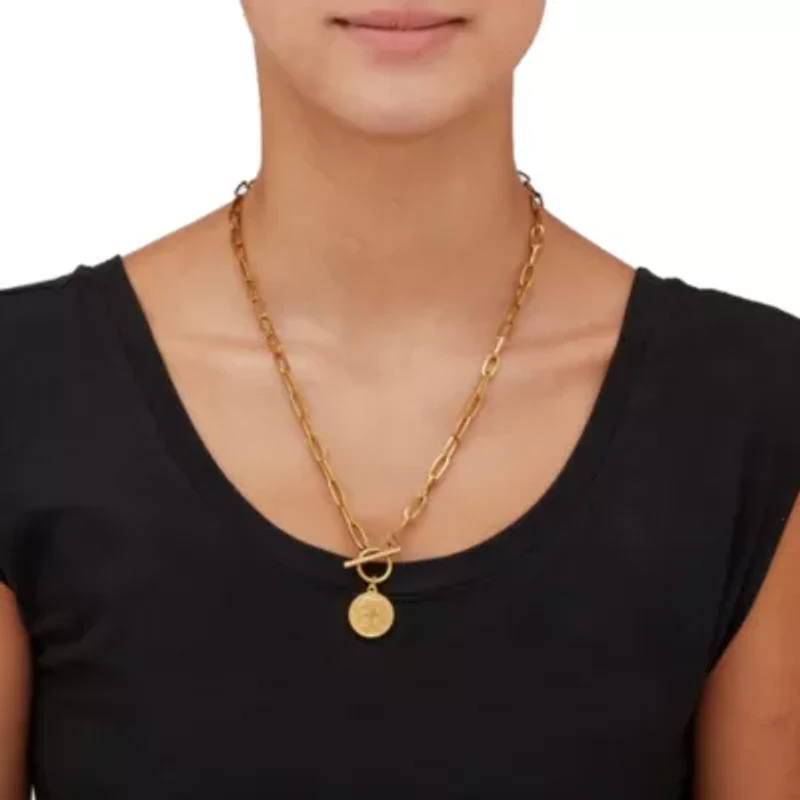 Gold Ion-Plated Stainless Steel Coin Pendant Paperclip Lariat Necklace,19 Inches