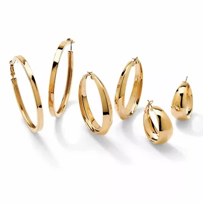 3 Pair Hoop Earrings Set in Yellow Gold Tone