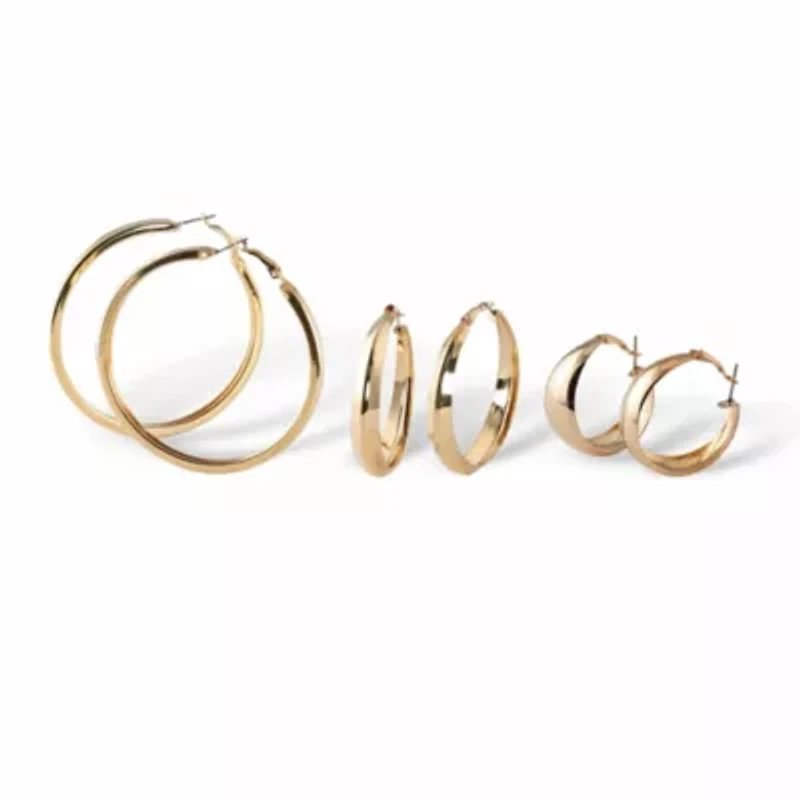 3 Pair Hoop Earrings Set in Yellow Gold Tone