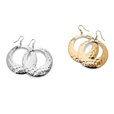 2 Pair Hammered-Style Hoop Earrings Set in Yellow Goldtone and Silvertone