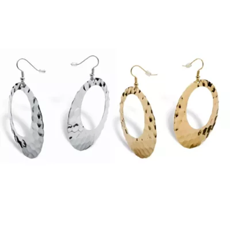 2 Pair Hammered-Style Hoop Earrings Set in Yellow Goldtone and Silvertone