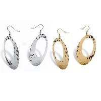 2 Pair Hammered-Style Hoop Earrings Set in Yellow Goldtone and Silvertone