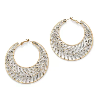 Round Crystal Goldtone Leaf Hoop Earrings 2 1/3"