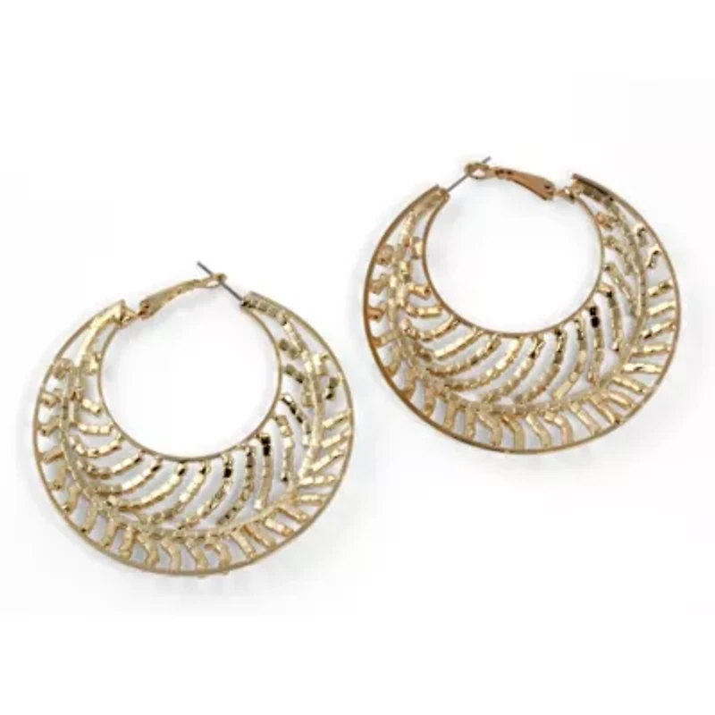 Round Crystal Goldtone Leaf Hoop Earrings 2 1/3"