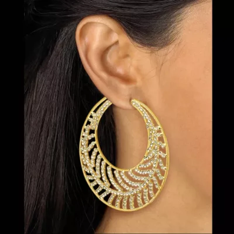 Round Crystal Goldtone Leaf Hoop Earrings 2 1/3"