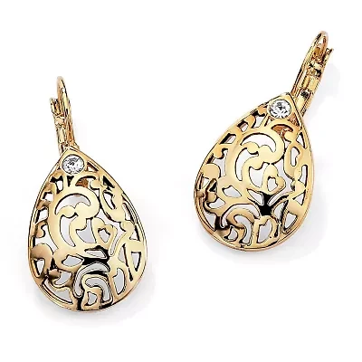 Round Crystal Accent Yellow Gold-Plated Filigree Pear-Shaped Drop Earrings