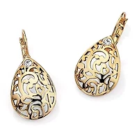 Round Crystal Accent Yellow Gold-Plated Filigree Pear-Shaped Drop Earrings