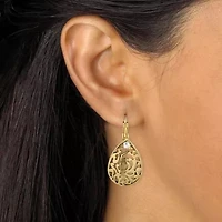 Round Crystal Accent Yellow Gold-Plated Filigree Pear-Shaped Drop Earrings