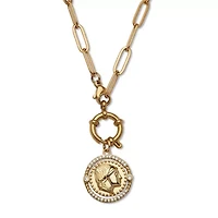 Crystal Coin Pendant Gold Ion-Plated Stainless Steel Necklace, 17 Inches