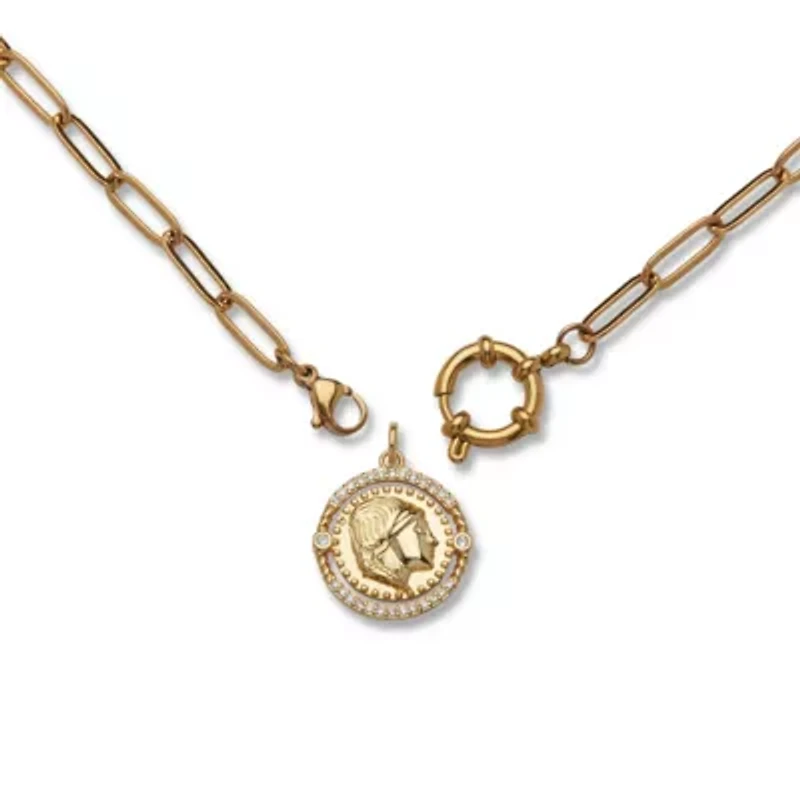 Crystal Coin Pendant Gold Ion-Plated Stainless Steel Necklace, 17 Inches