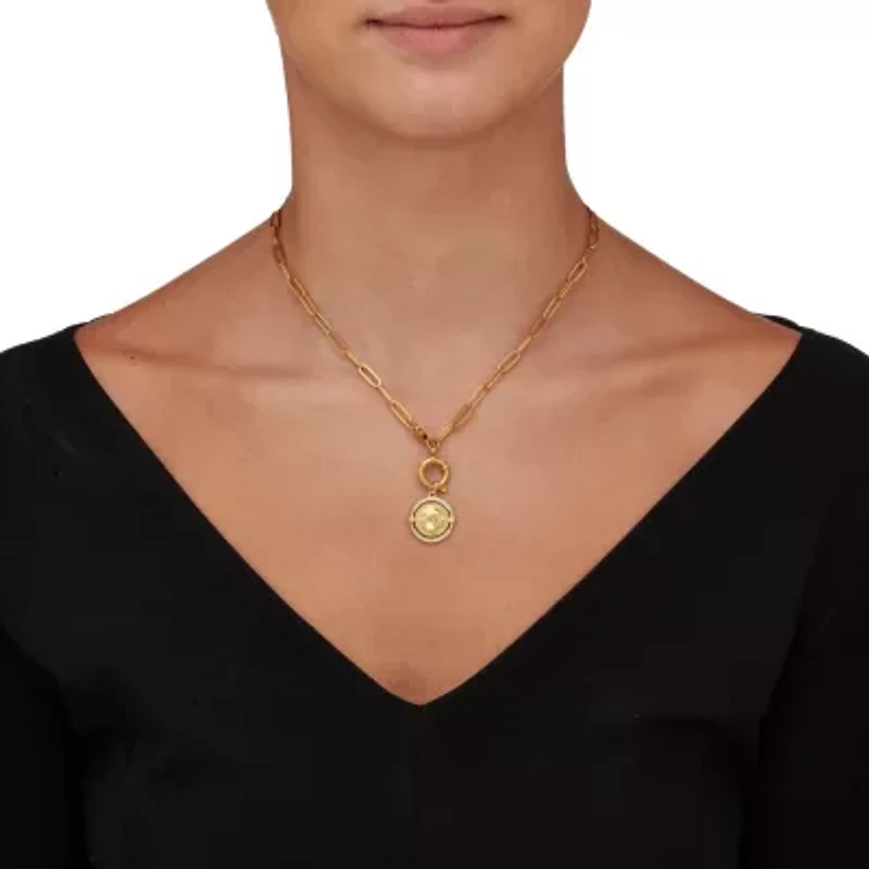 Crystal Coin Pendant Gold Ion-Plated Stainless Steel Necklace, 17 Inches