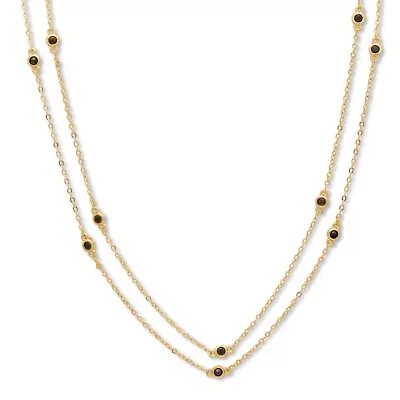 Round Cut Black Crystal Goldtone Double Strand Station Necklace 20 inch