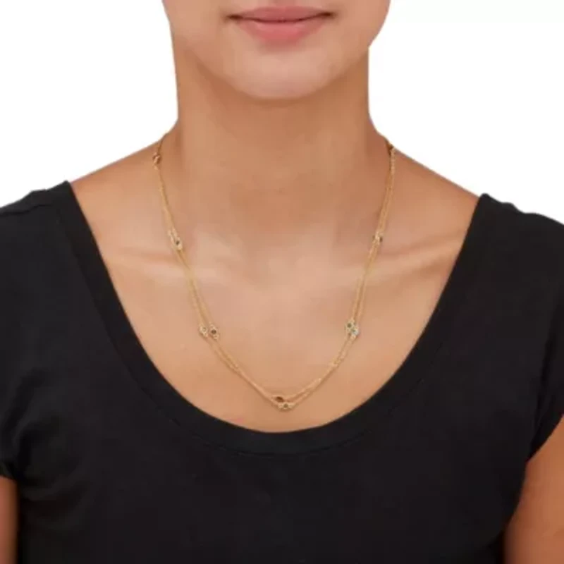 Round Cut Black Crystal Goldtone Double Strand Station Necklace 20 inch