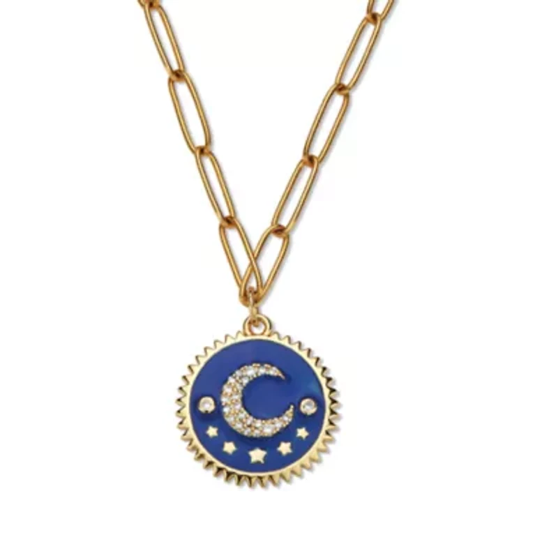 Crystal Celestial Moon Gold Ion-Plated Stainless Steel Pendant, 19 Inches