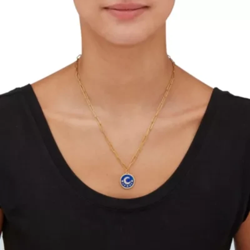 Crystal Celestial Moon Gold Ion-Plated Stainless Steel Pendant, 19 Inches